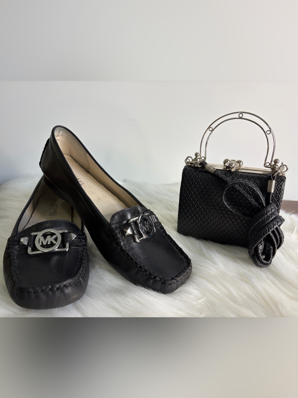 Michael Kors Black Leather Logo Loafers with Silver Hardware